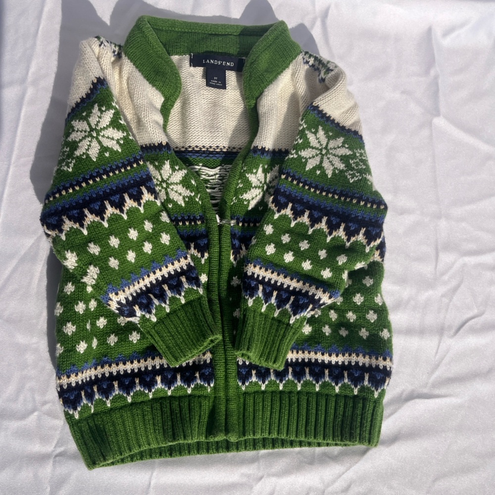 Lands' End Festive Green and White Kids Cardigan